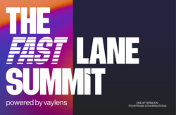 The Fast Lane Summit 2024 powered by vaylens, with vibrant purple and orange background, promoting eMobility discussions.